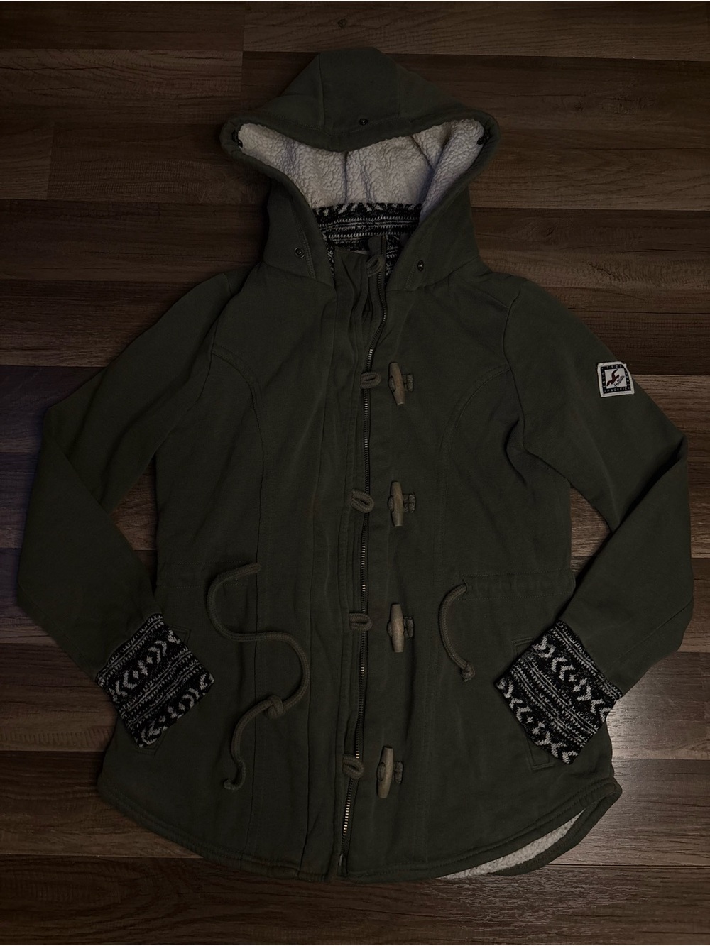 VTG Hollister Olive Green Hooded Jacket Toggle Patterned Cuffs women Size S